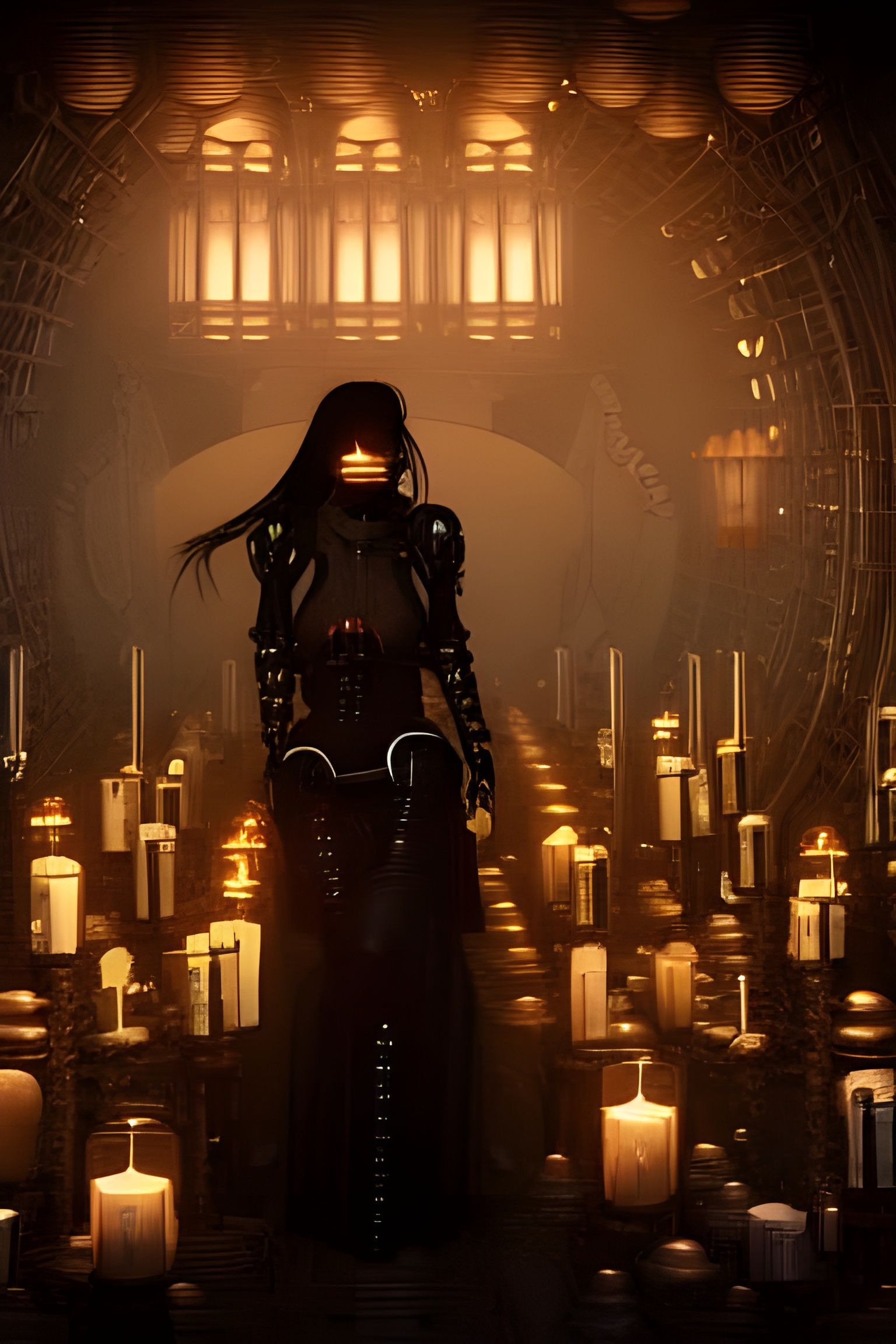 Steampunk Cyborg in Candlelit Sanctum: 3D Portrait