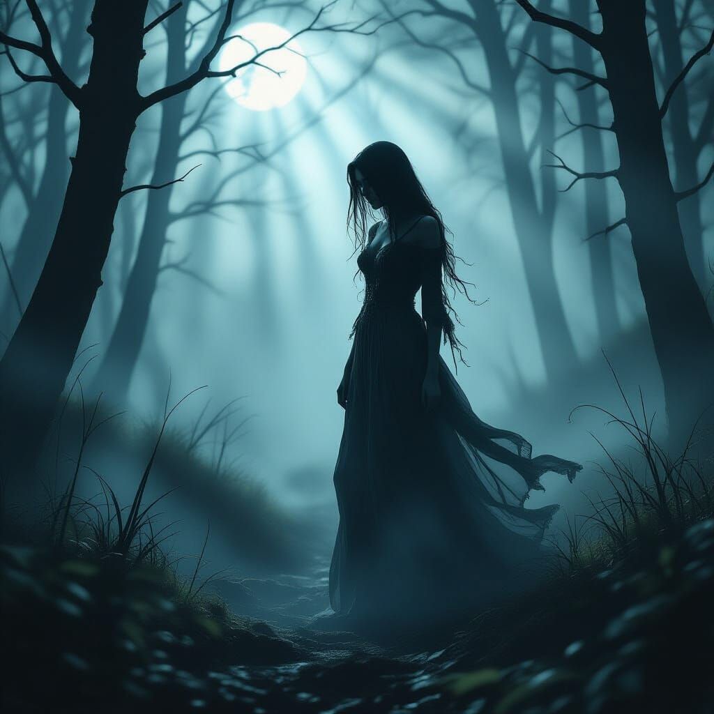 Ethereal Specter Drifting Through Shadowy Woodland