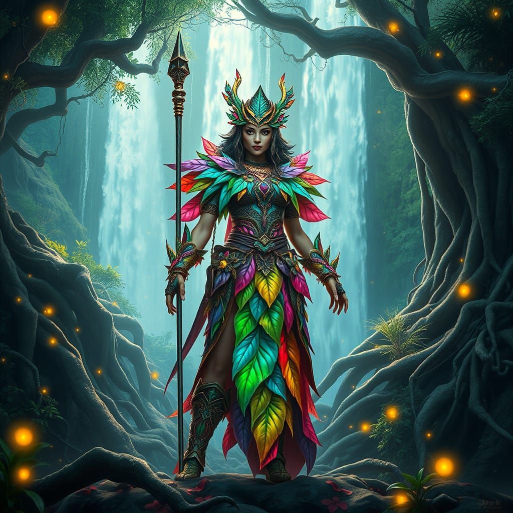 Vibrant Vegan Warrior-Priestess in Ancient Forest