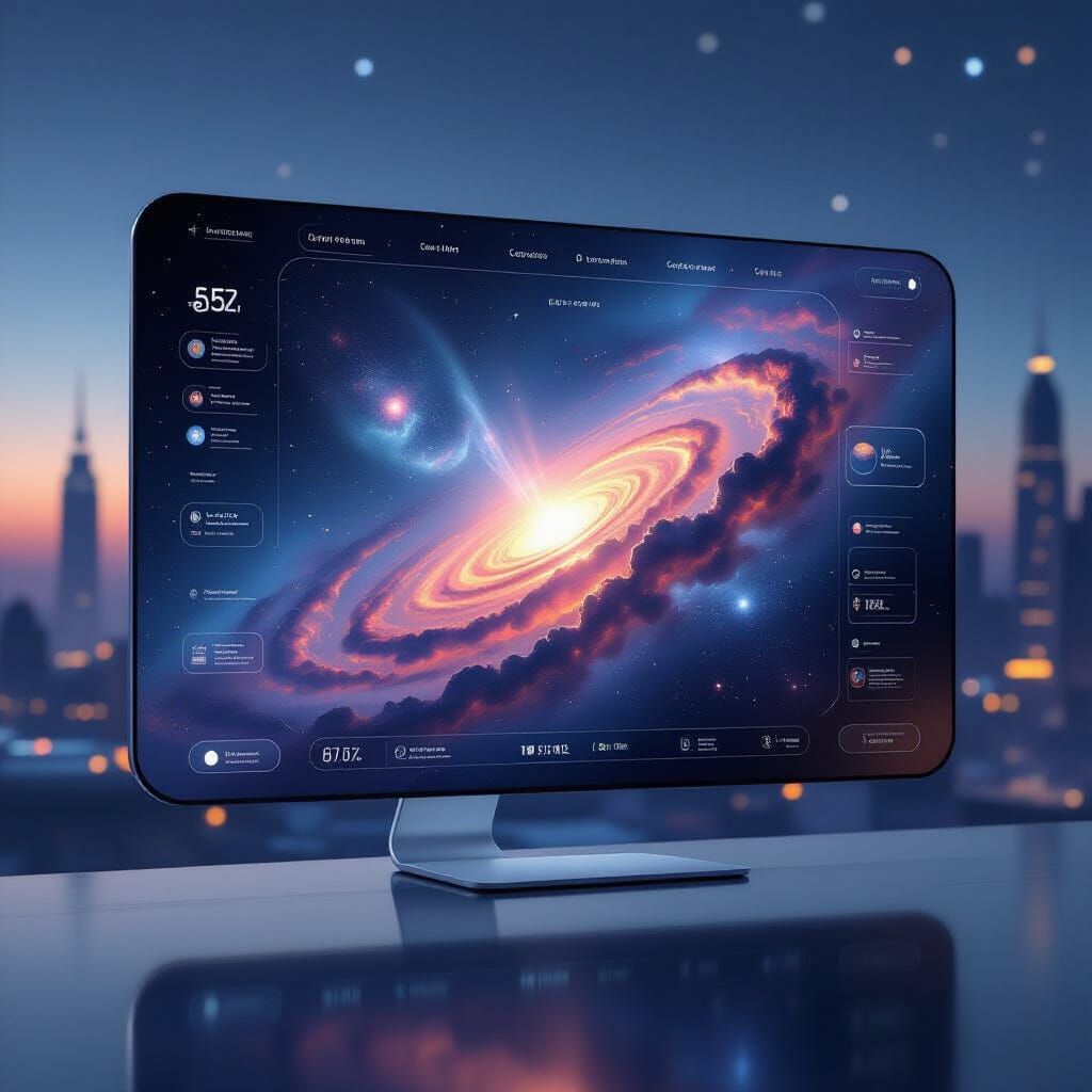 Sleek UI Displaying Swirling Galaxies on Glass