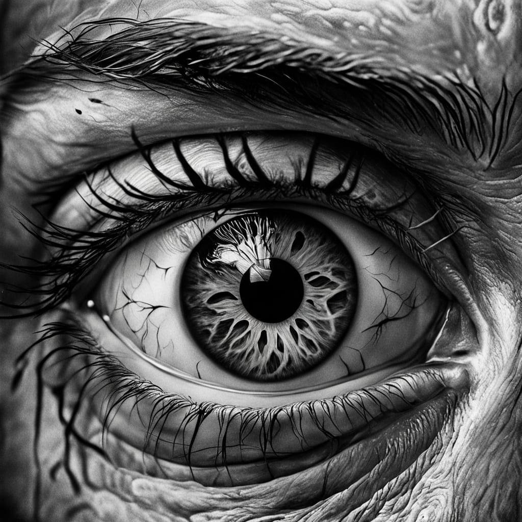 Surreal Eyeball Oil Painting in Grayscale