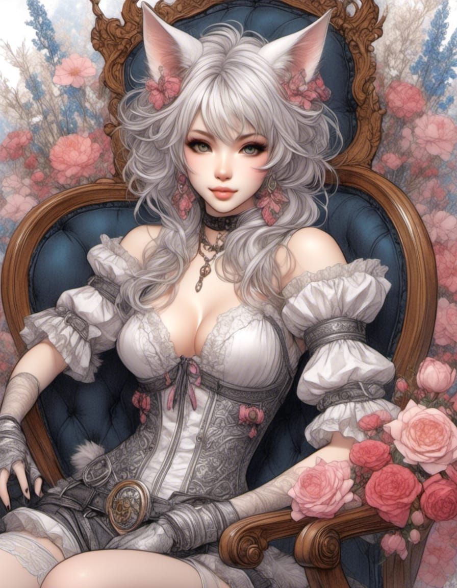 Detailed Color Sketch of a Neko Babe