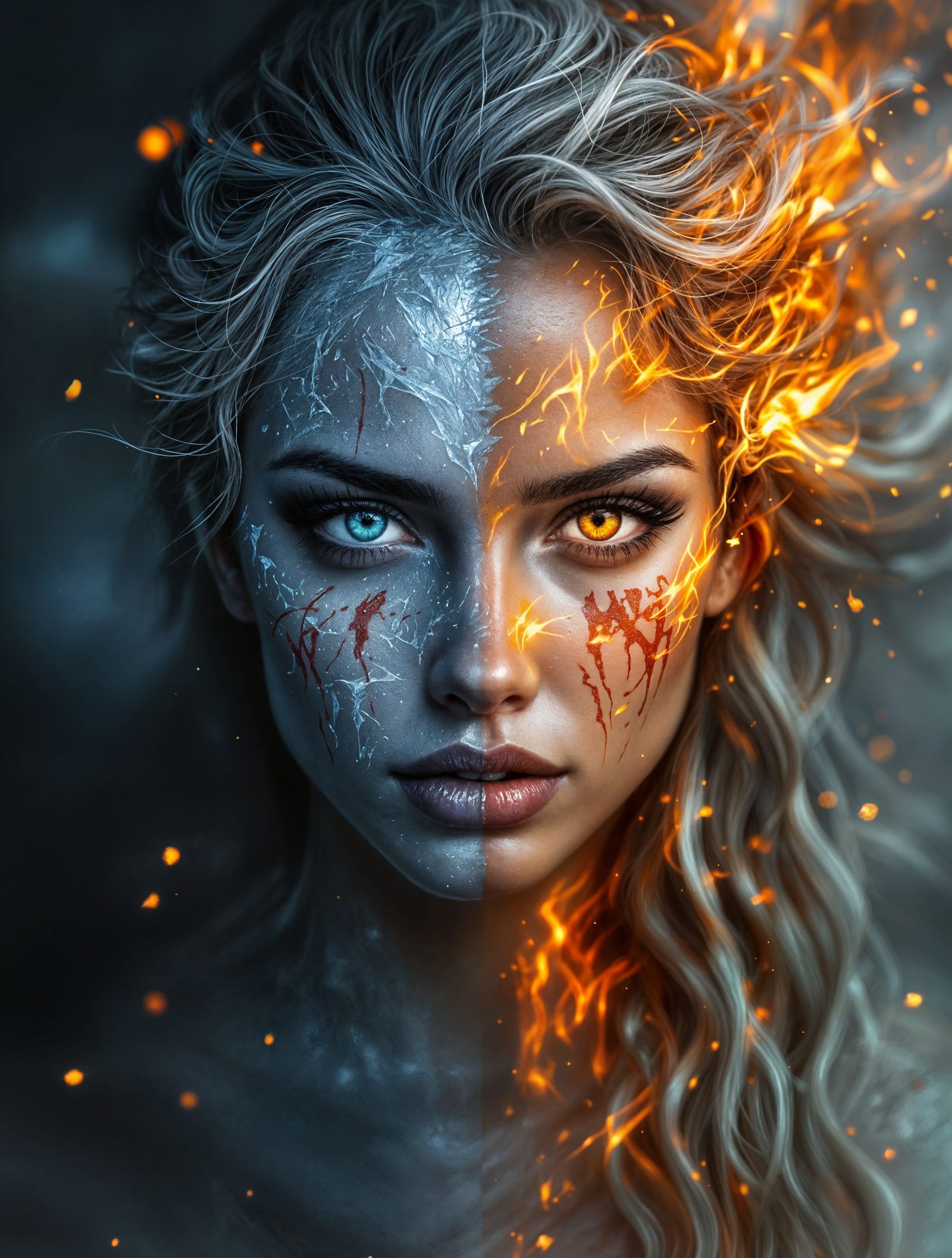 Hyperrealistic Portrait of a Woman Divided by Ice and Fire