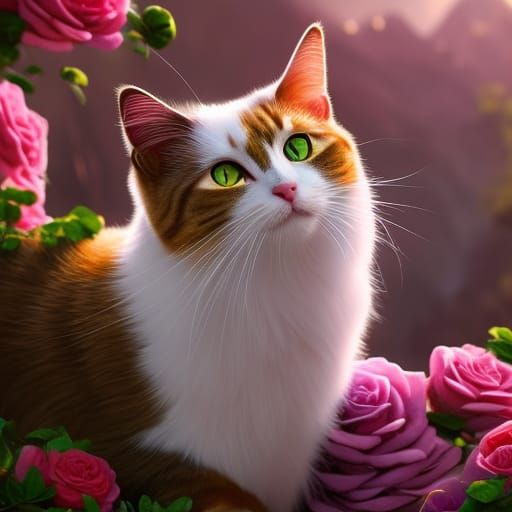 Calico Cat in Roses Fantasy Concept Art