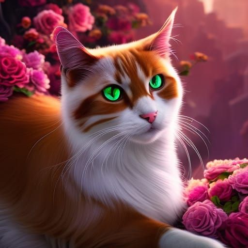 Calico Cat in Roses: Detailed Digital Painting