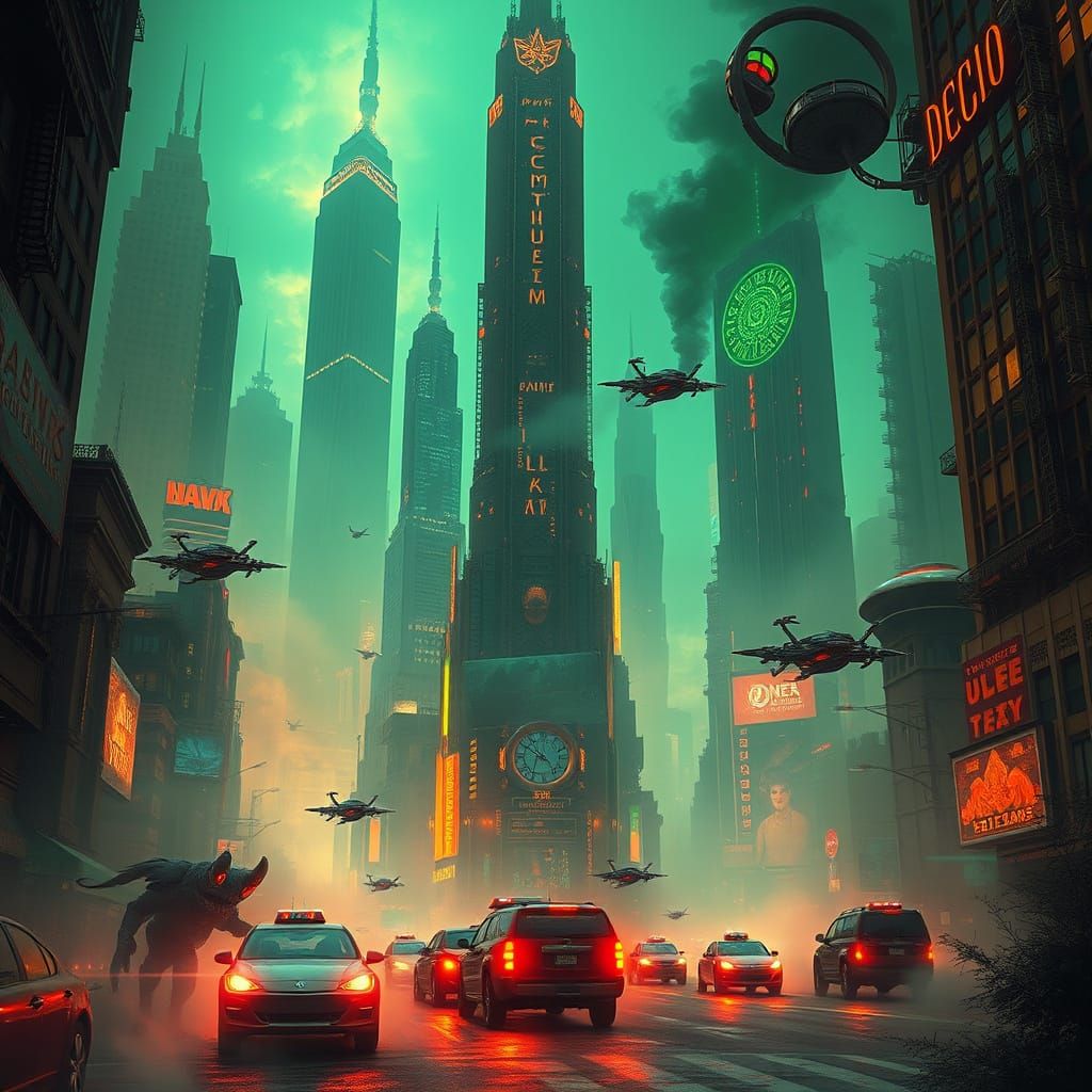 Futuristic Cityscape with Flying Cars: Surrealist Fantasy