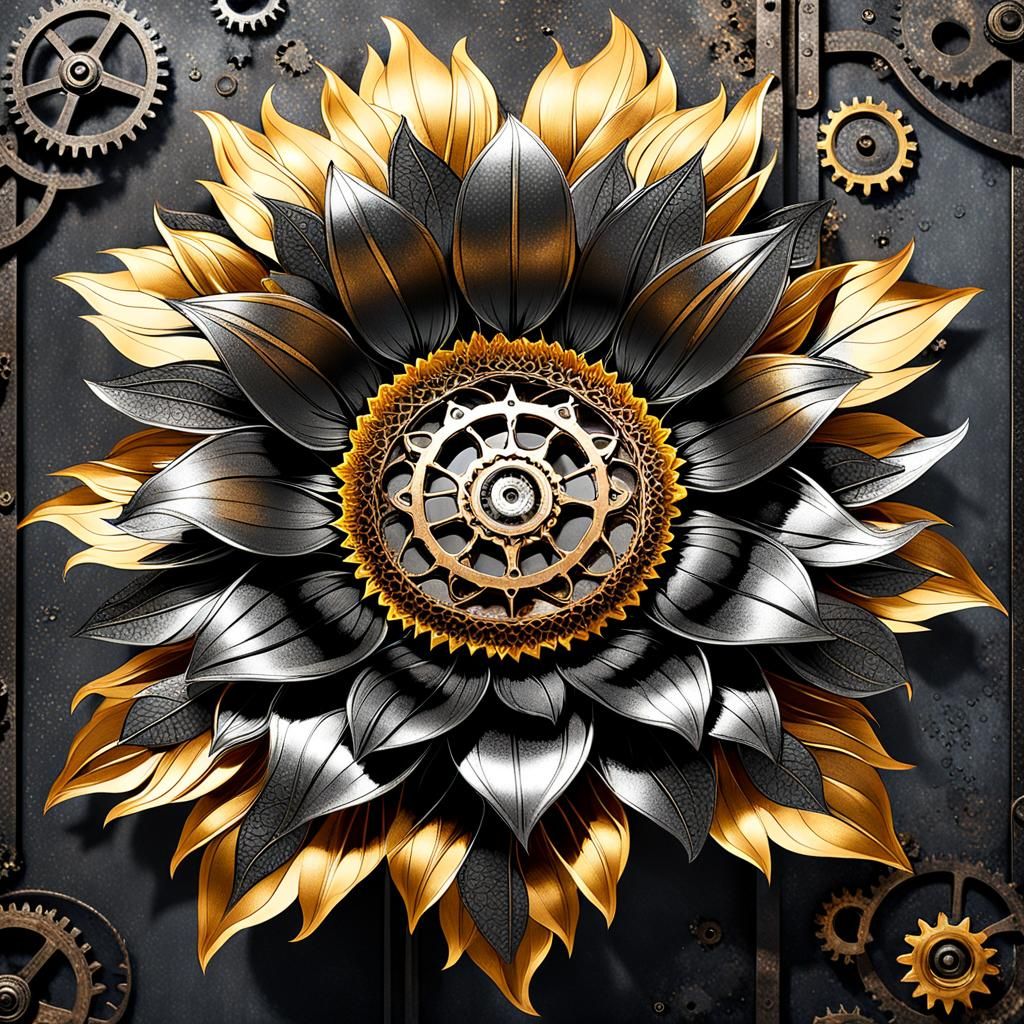 Steampunk Sunflower with Gears and Metallic Petals