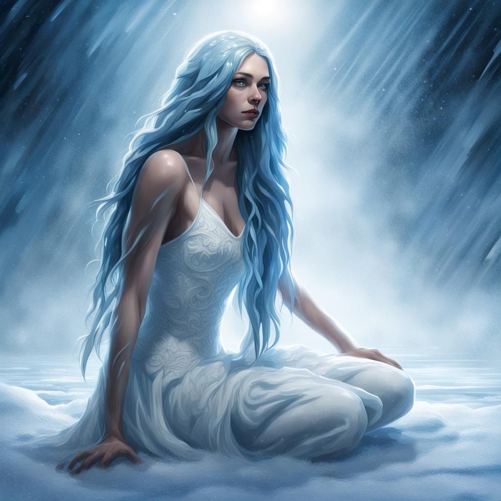 Woman Kneeling on Ice with Blue Hair