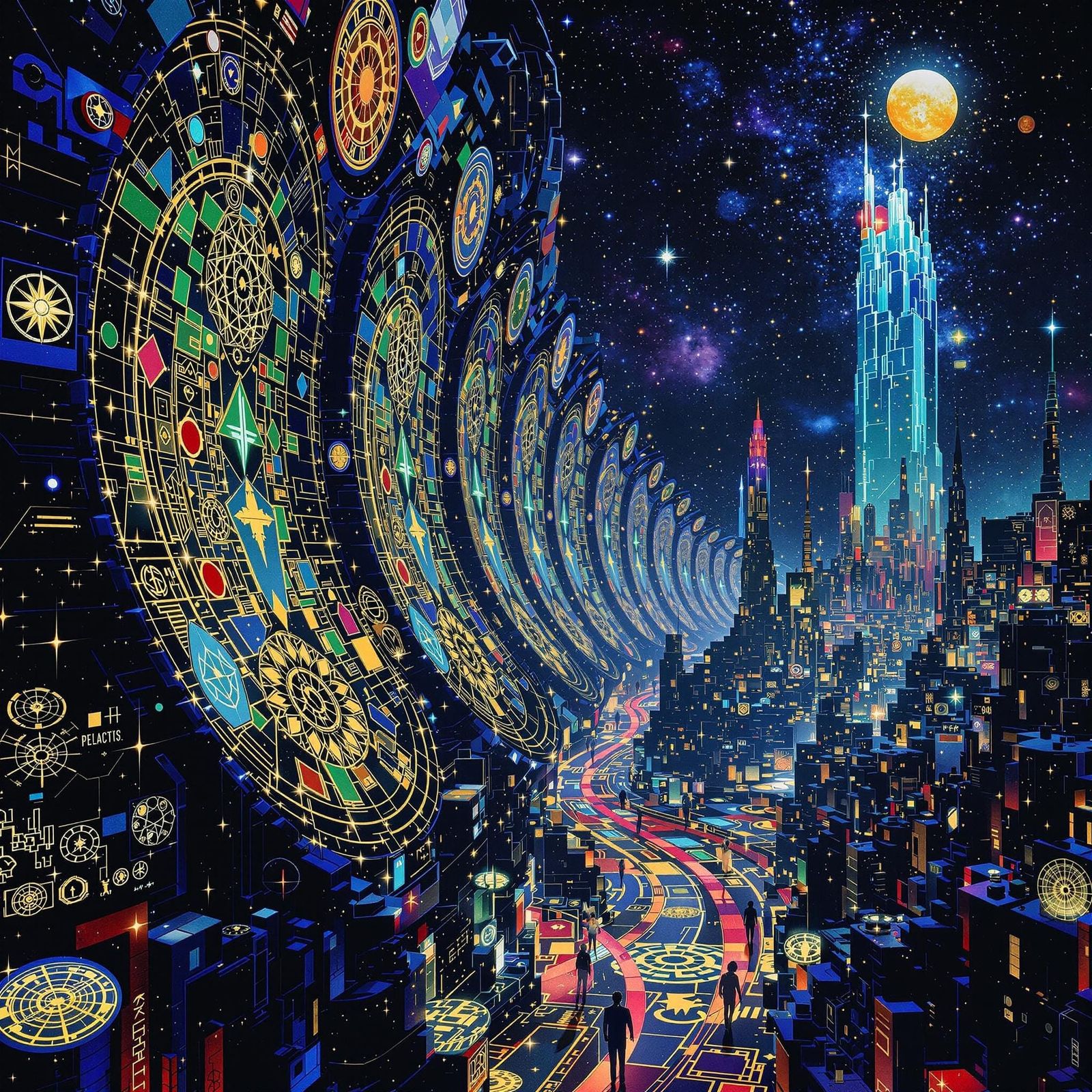 Gustav Klimt-Inspired Science Fiction Cityscape at Twilight