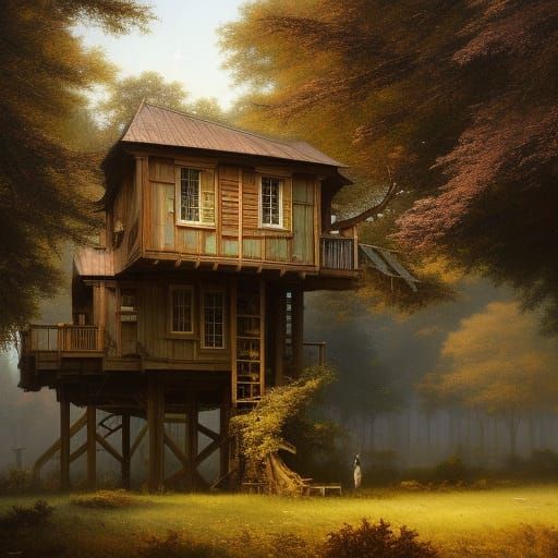 Surreal Hidden Treehouse in Colorful Oil Painting Style