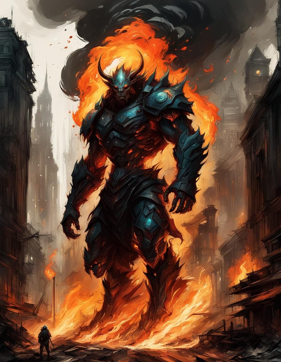 Fiery Golem Overlooks Burning Metropolis