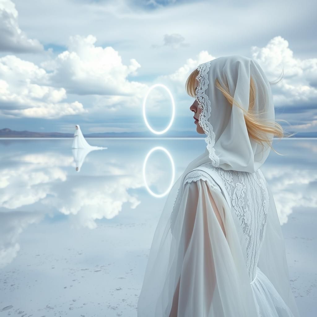 Ethereal Reflection: Woman in White on Salt Flats