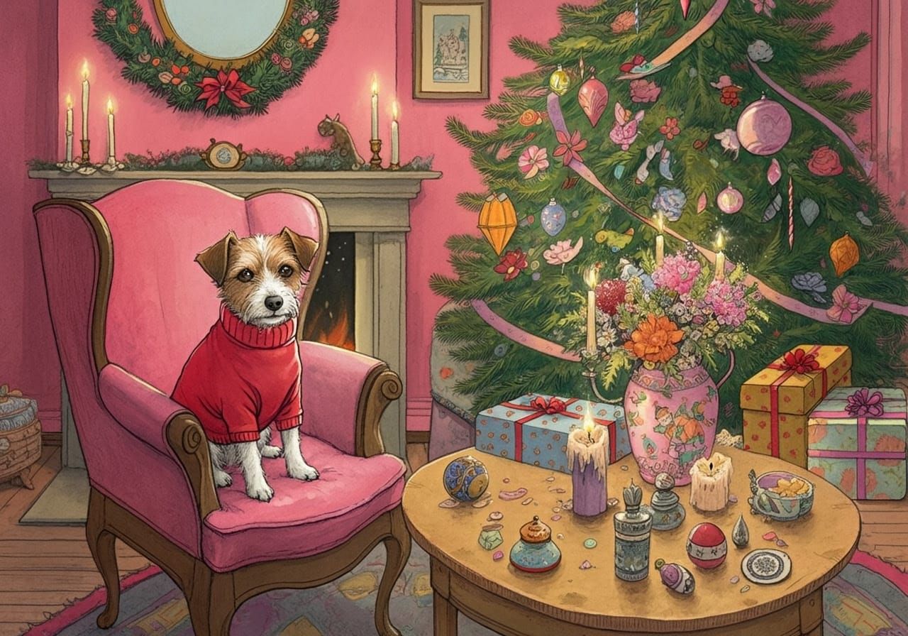 Whimsical Christmas Scene in Beatrix Potter Style Illustrati...