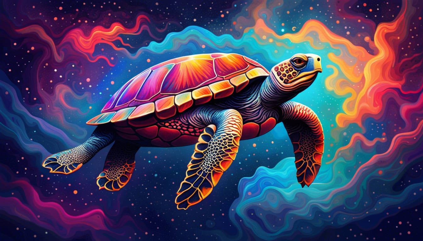 Psychedelic Turtle Swimming Through Nebulae
