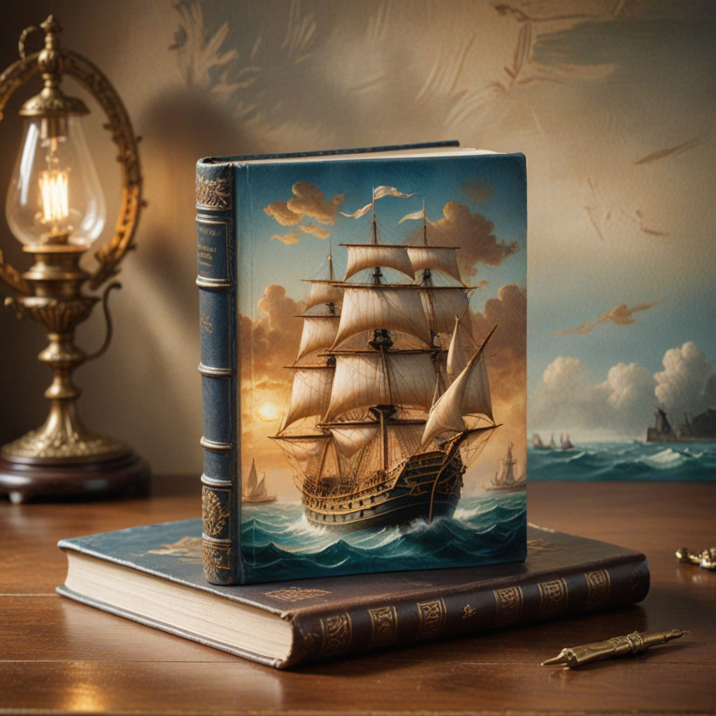 Elegant Leather-Bound Book Cover with Sailing Ship in Golden...