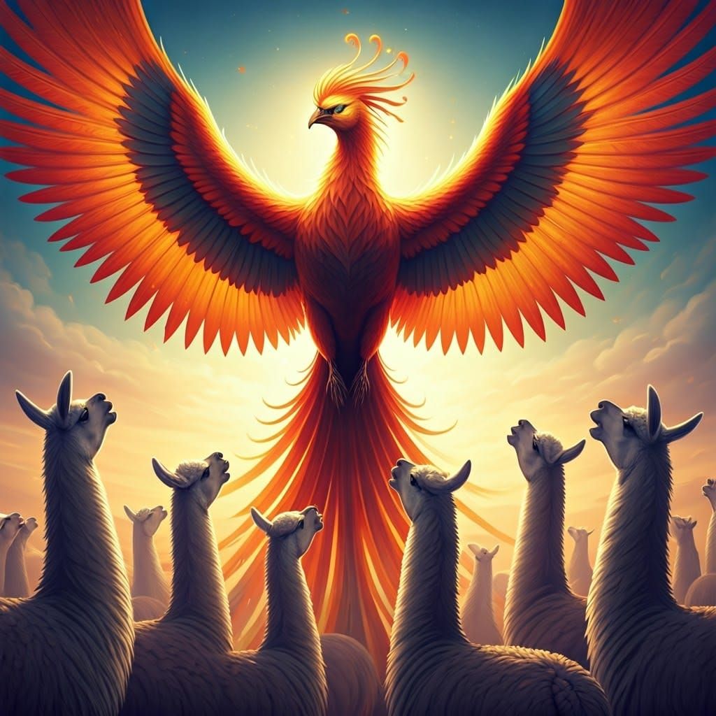 Phoenix Soaring Above a Chorus of Llamas
