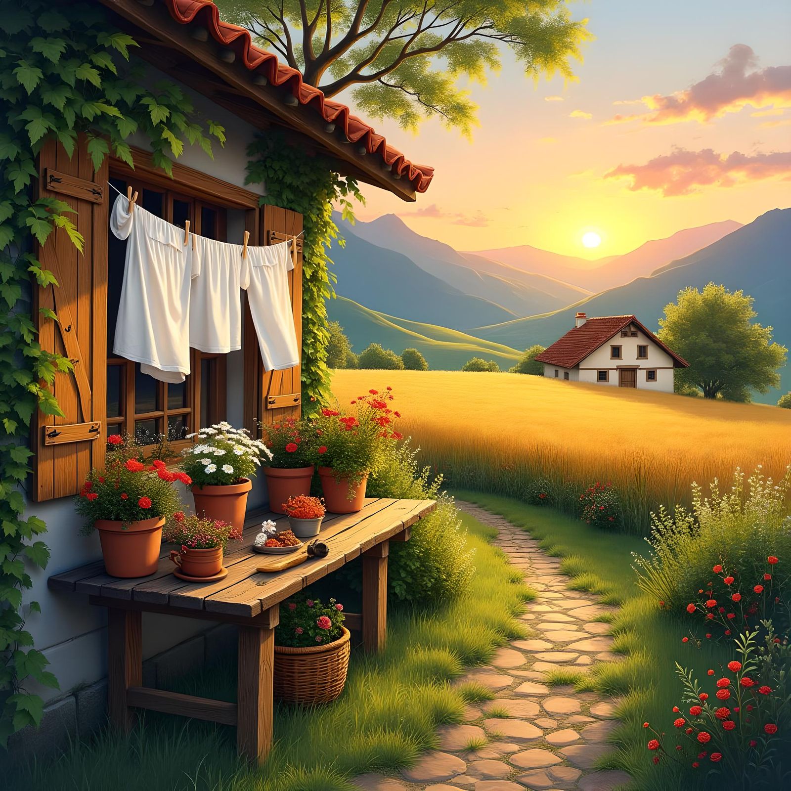 Serene Sunset Over Lush Countryside Illustration