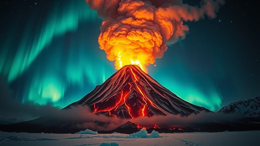 Volcano eruption under aurora borealis