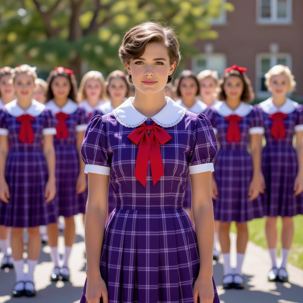 Young Man in Tartan Dress at School, Cinematic Still