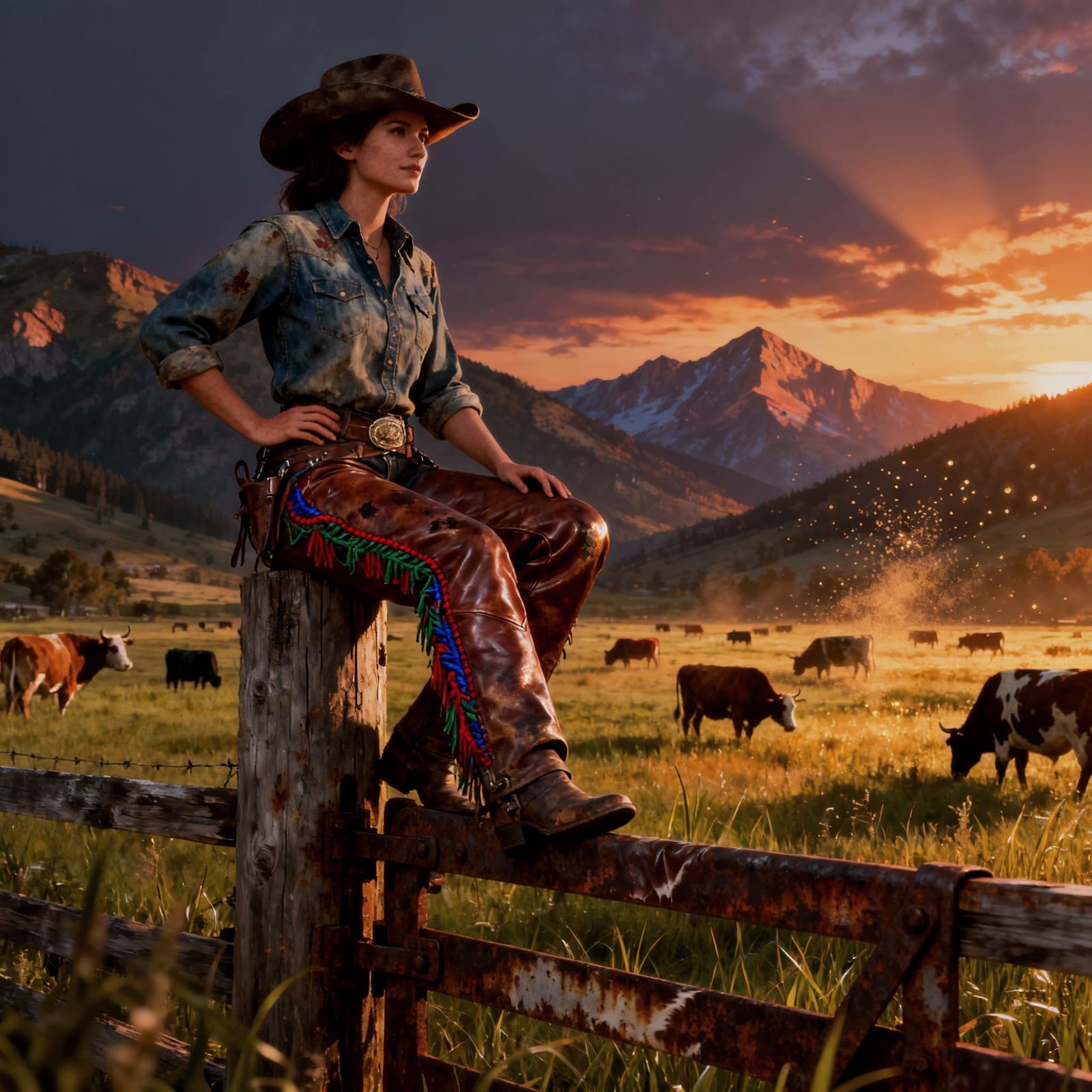 Cowgirl and Cattle Valley at Sundown