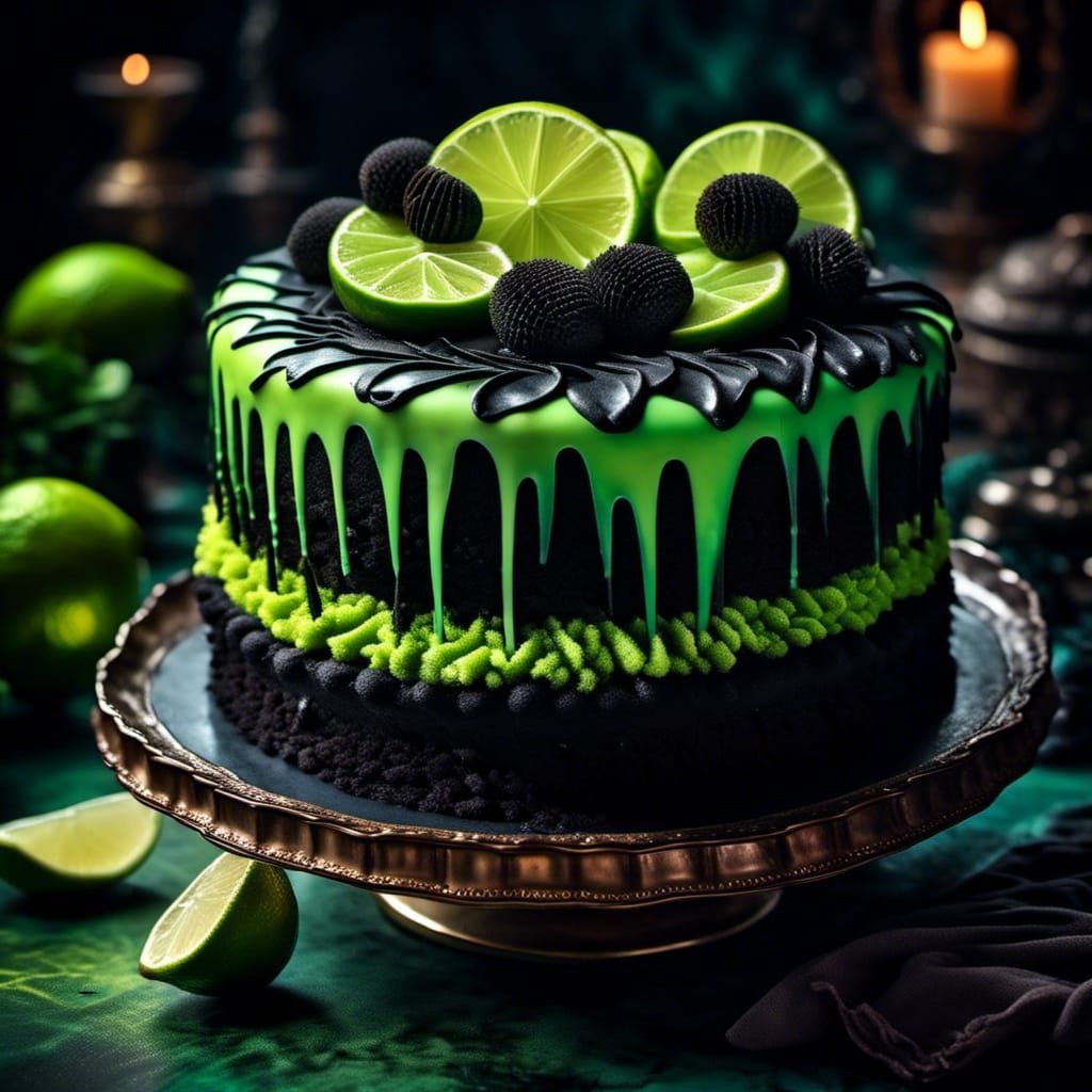 Appetizing Luminous Lime and Black Cake in HDR