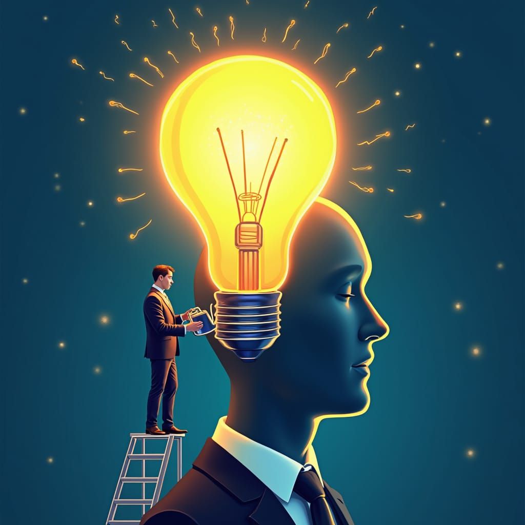 Modern Human Head with Glowing Light Bulb in Profile View