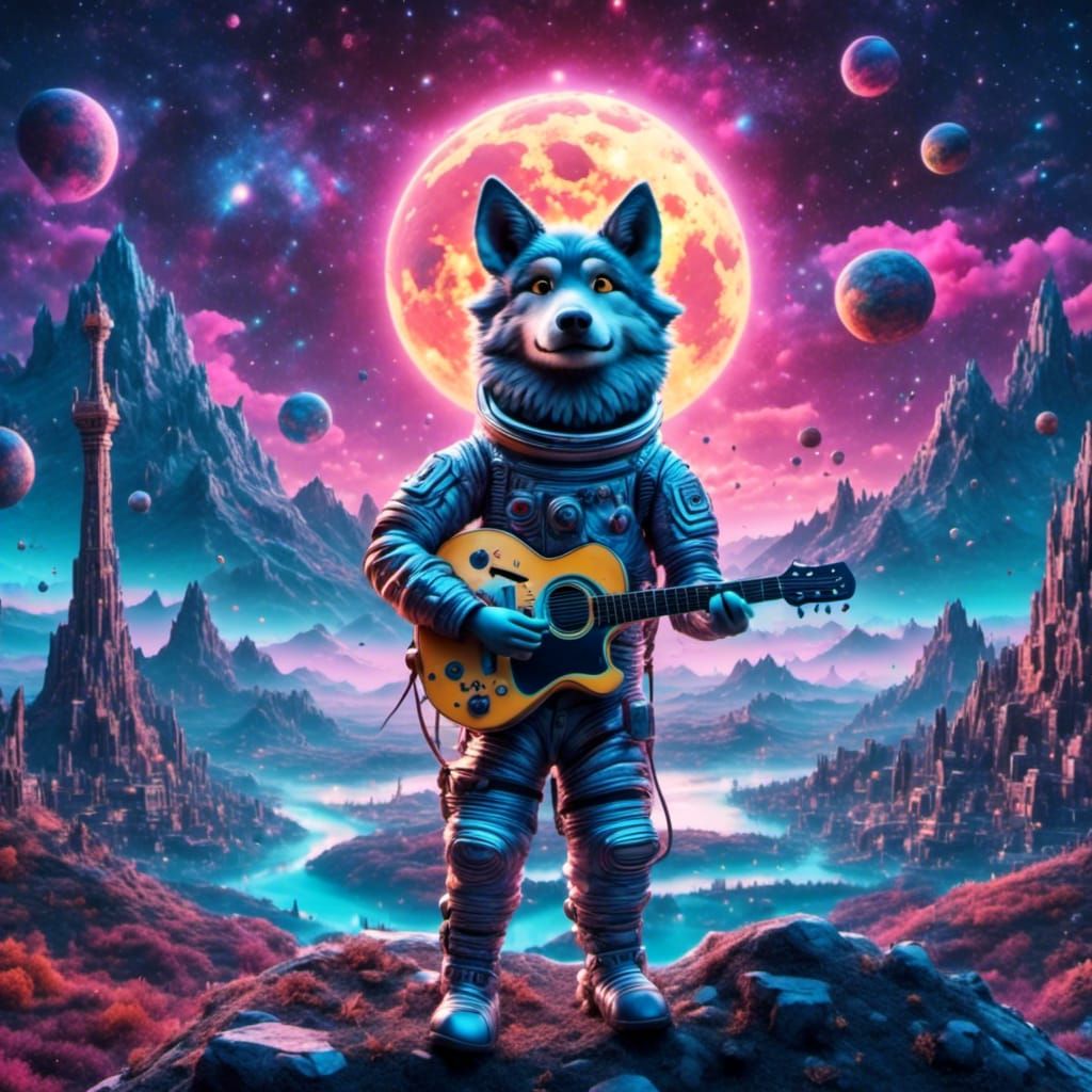 Wolf Astronaut Plays Guitar on Moon, Hyperrealistic