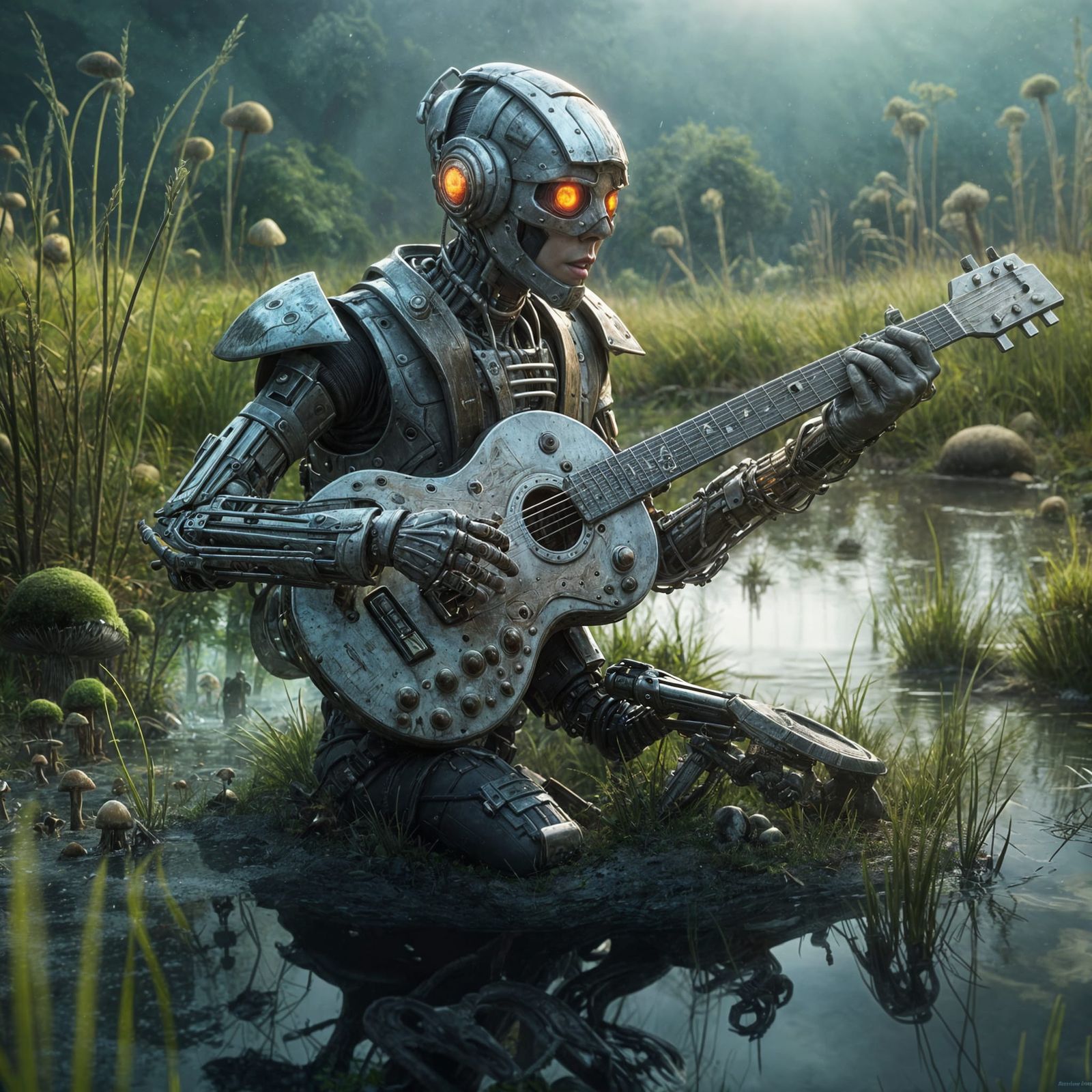 Cyborg Guitarist Summons Sirens in Grassy Swamp