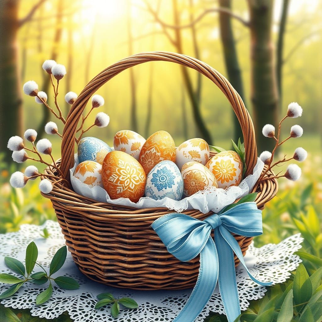 Springtime Postcard with Easter Eggs in Whimsical Watercolor...