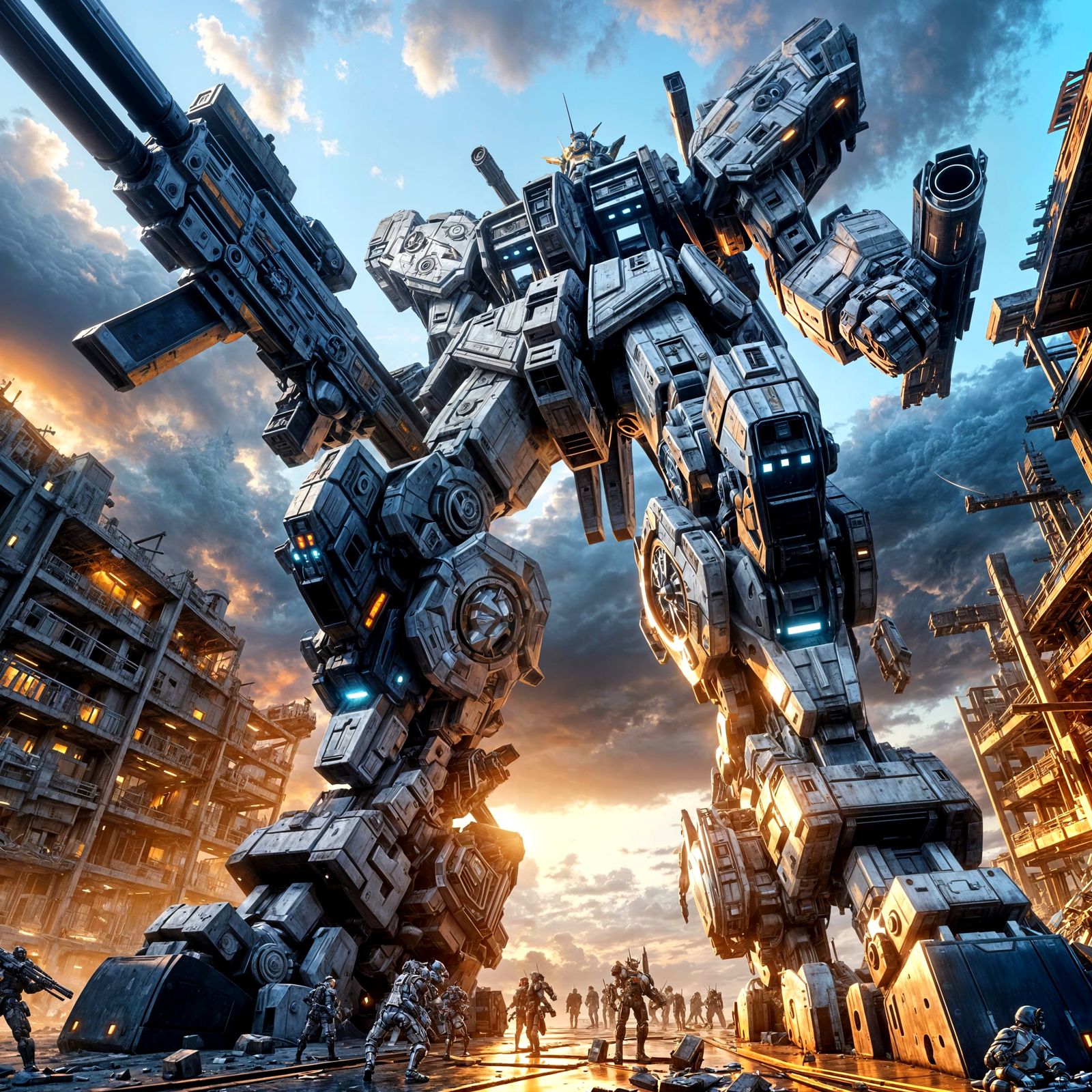 Futuristic Anime Mecha in Post-Apocalyptic City