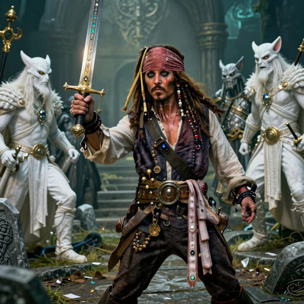 Fantasy Hybrid Warrior Battles in Ancient Graveyard