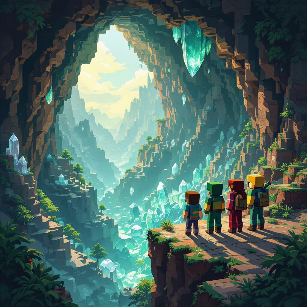 Minecraft Characters on Cliff Overlooking Gemstone Cave