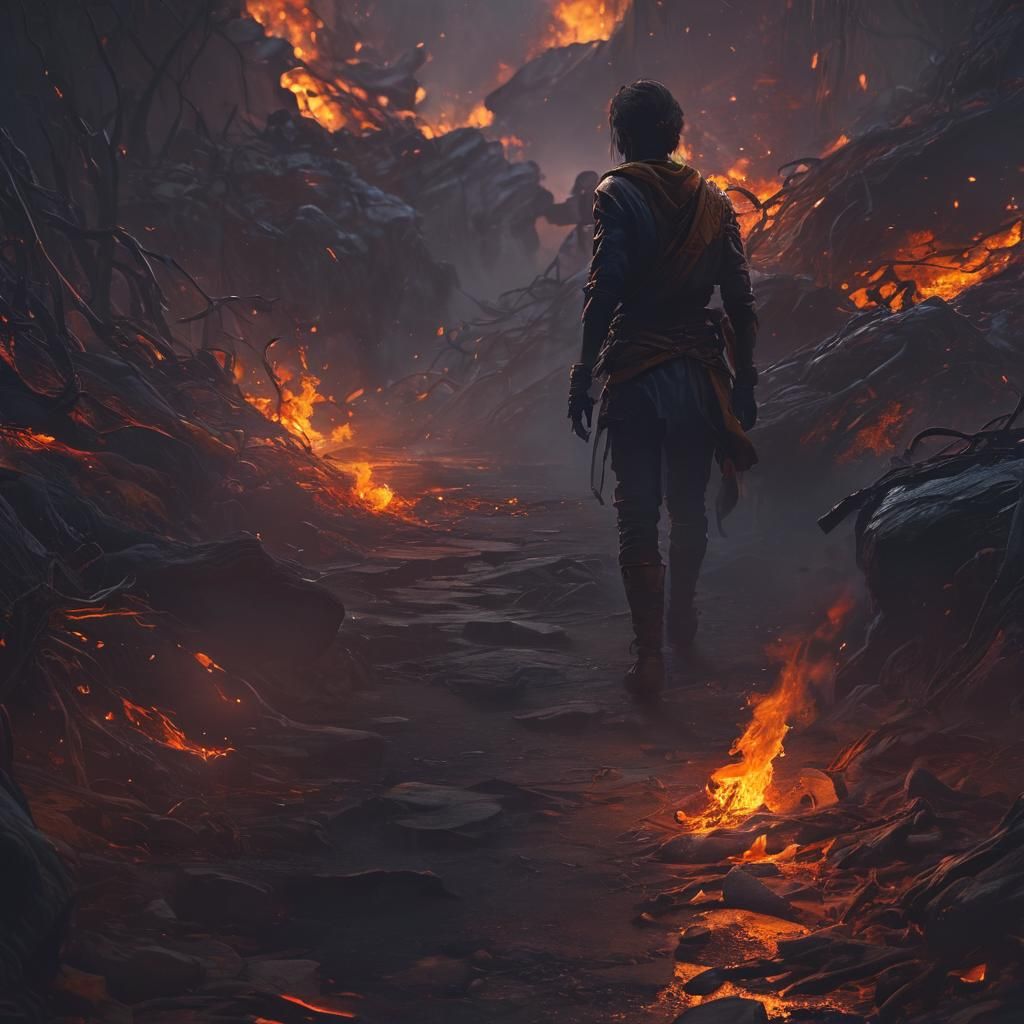 Dark Fantasy Figure Walks Through Fire