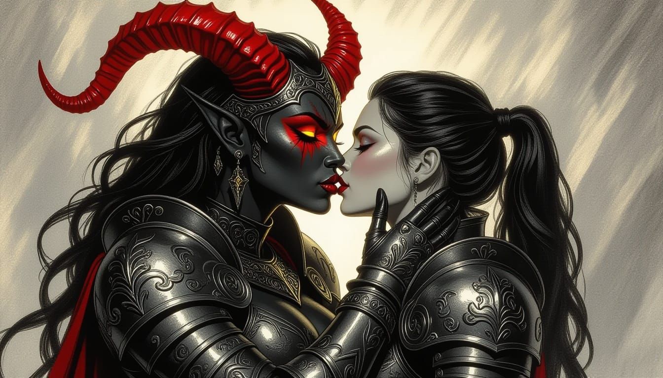 Demon Warrior and Knight Embrace in Dramatic Charcoal Art