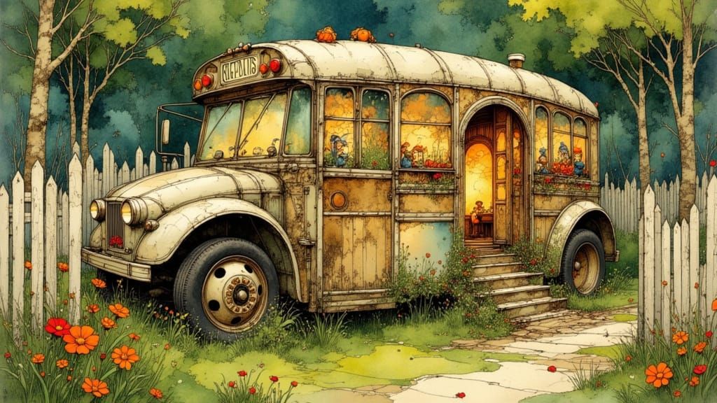 Gnome School Bus Home Storybook Illustration