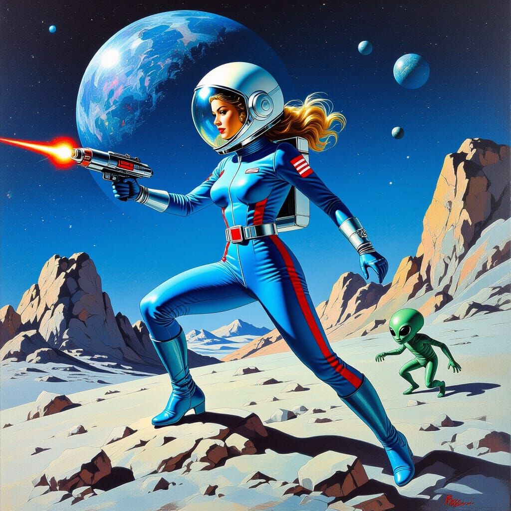 Retro Sci-Fi Woman on the Moon in Frazetta Style