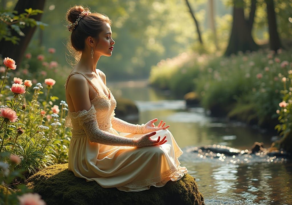 Victorian Lady Meditating in Floral Forest