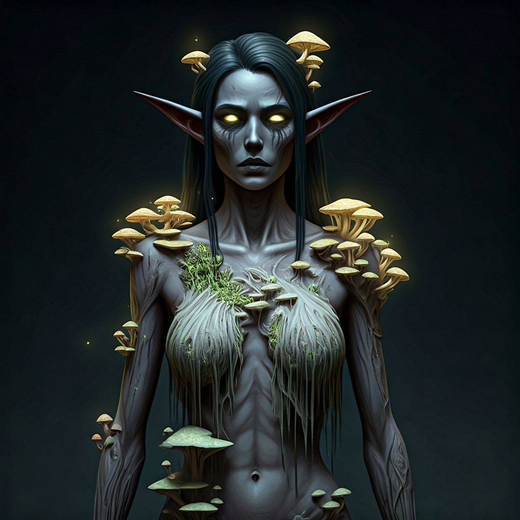 Deceased Dark Elf Covered in Mycelium and Bioluminescent Spo...