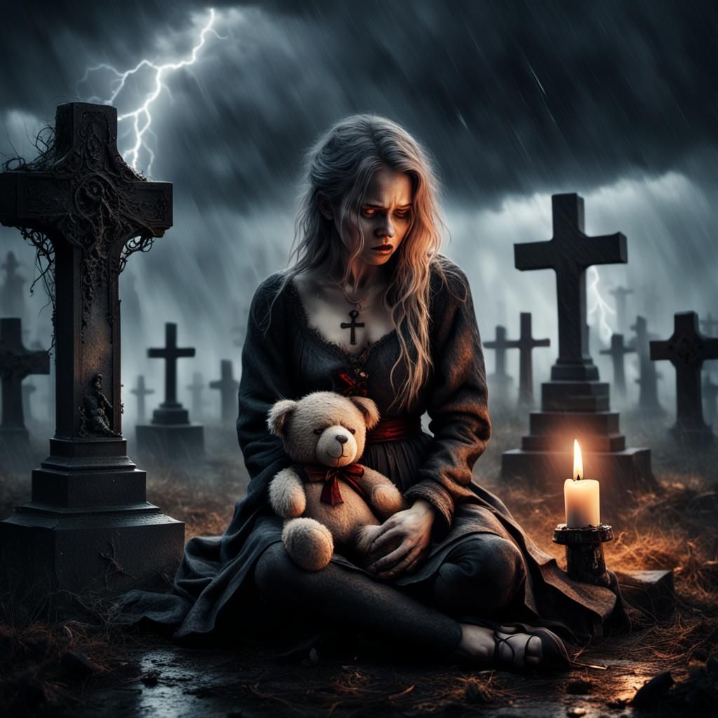 Sorrowful Woman Mourning at Grave in Fantasy Style