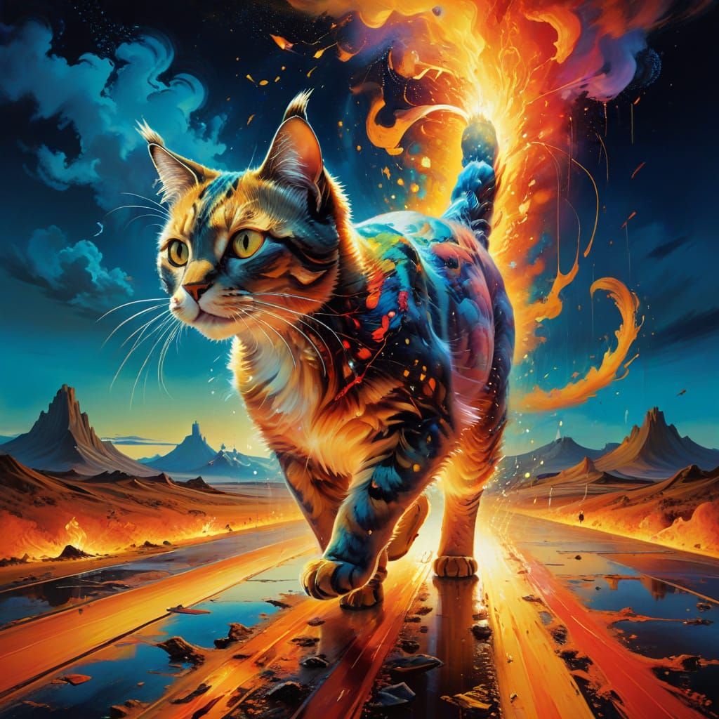 Surreal Cat Runs on Fiery Runway with Iridescent Fur