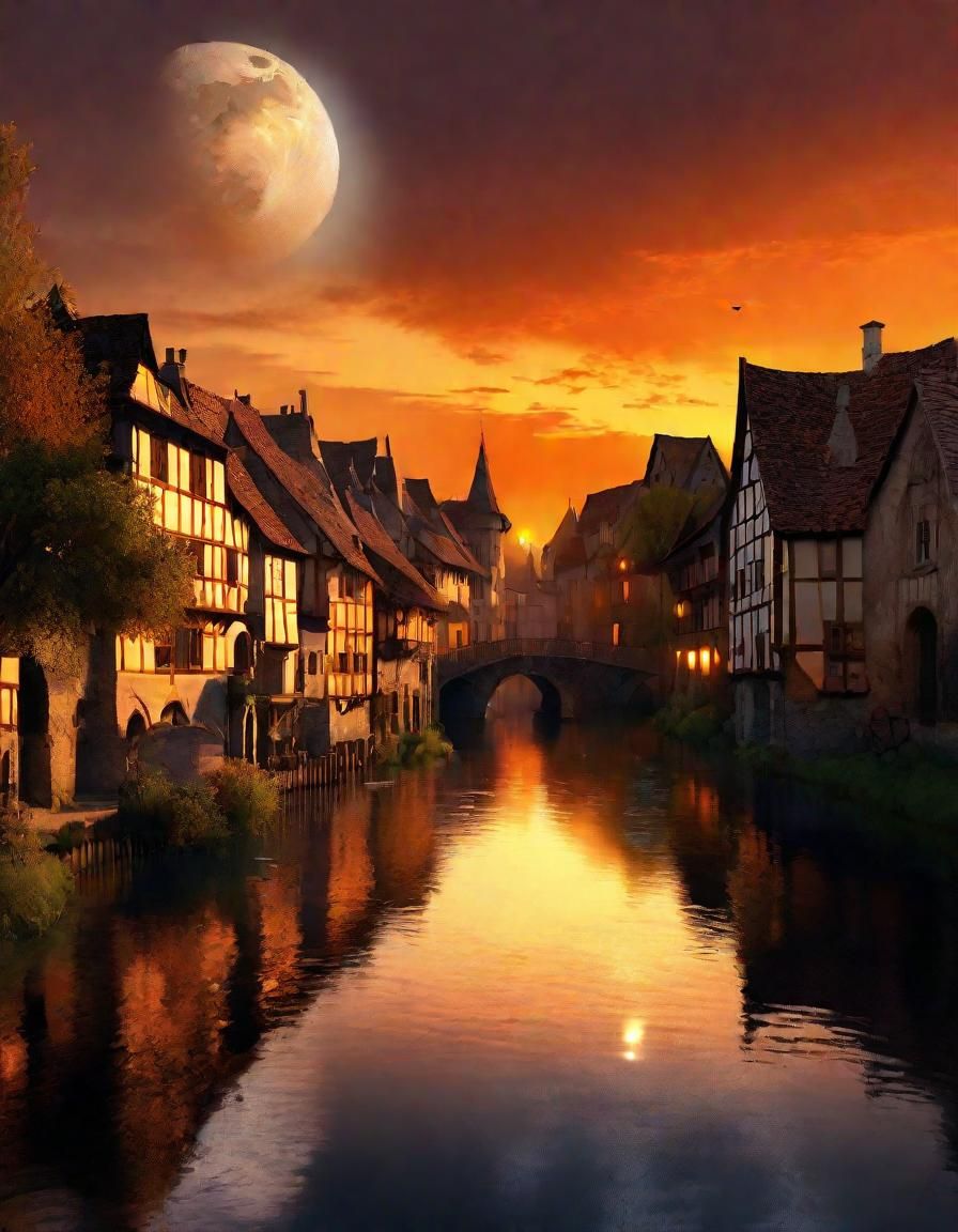 Orange Moon Over Medieval Village, Digital Matte Painting