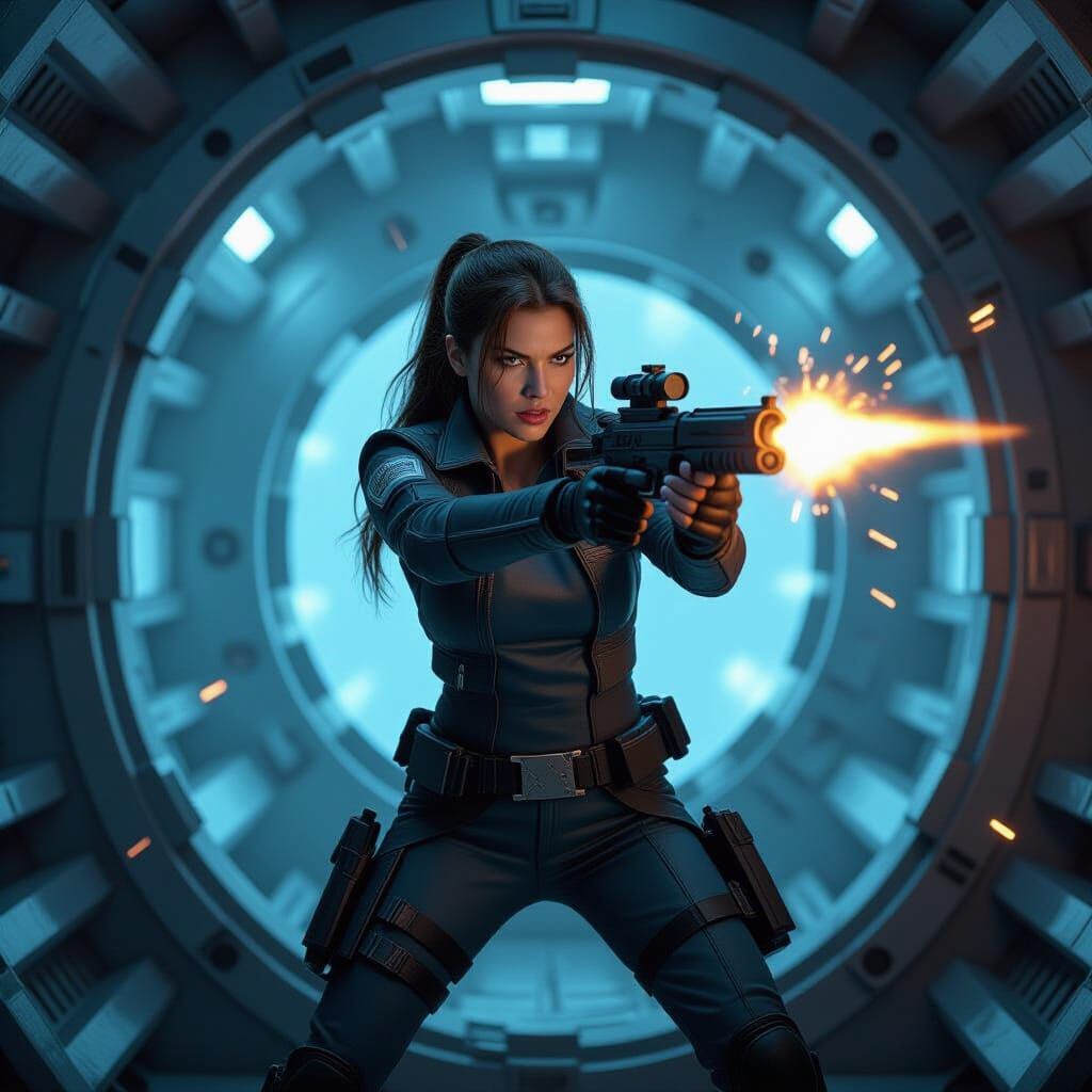 Female Technician Hacking Door and Shooting Blaster