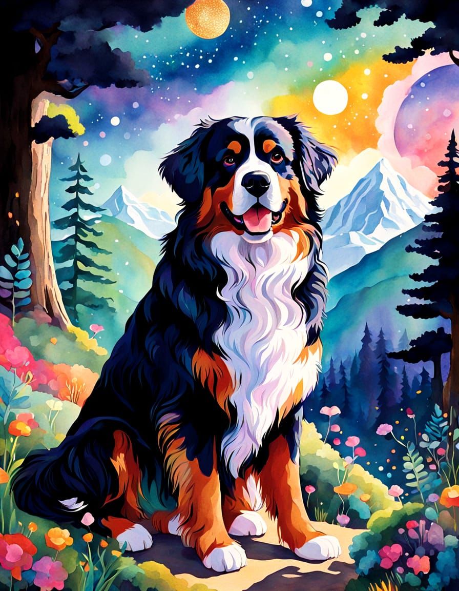 Whimsical Fantasy Portrait of a Happy Bernese Mountain Dog