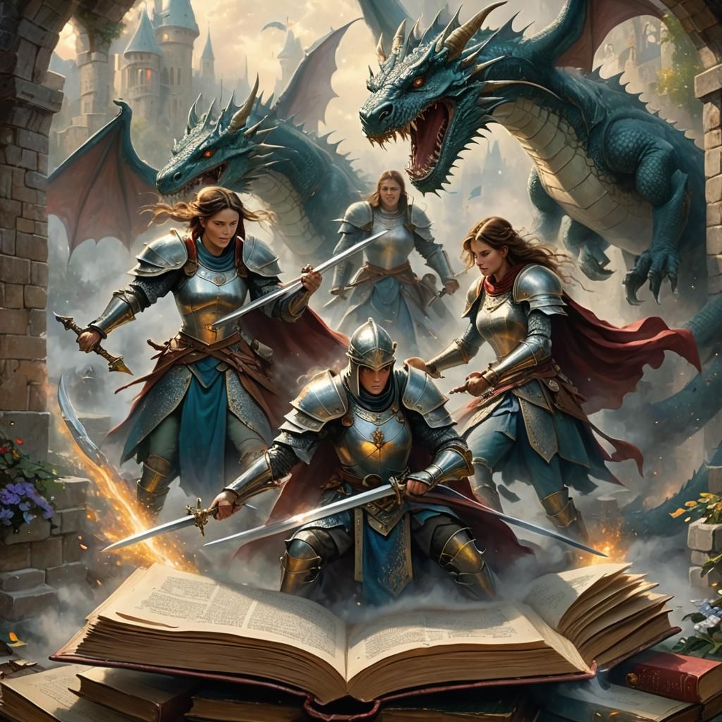 Medieval Warriors Bursting From Book in Ethereal Fantasy Sty...