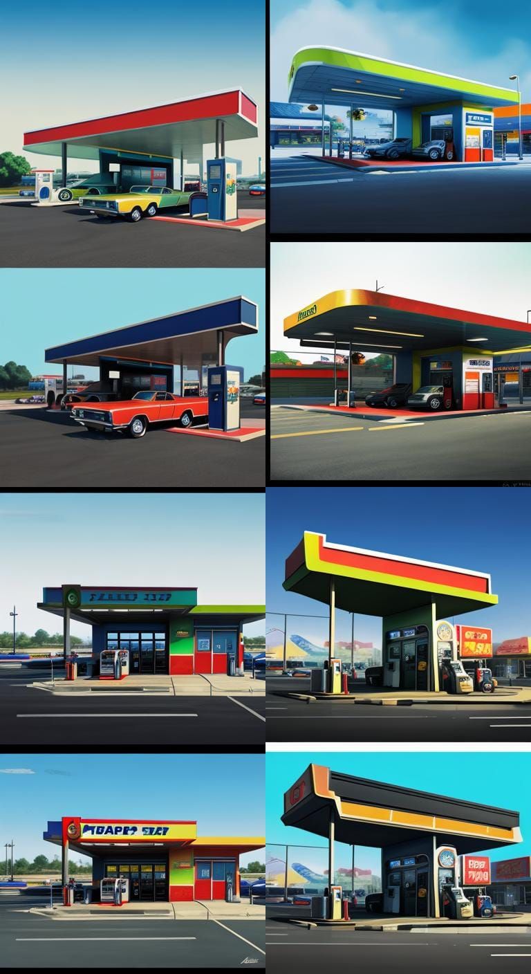 1970s Gas Station in Hyperrealistic Splash Art