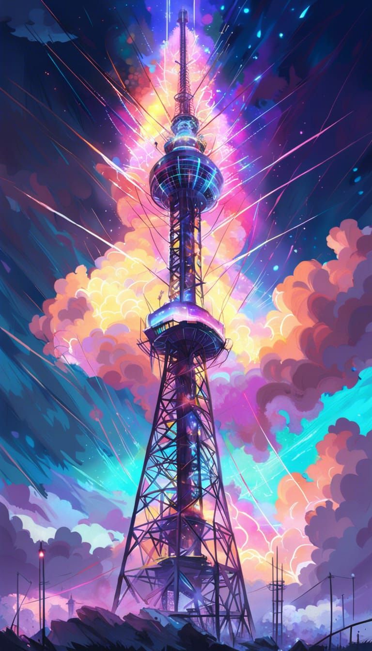 Luminous Radio Tower in Cloudy Sky, Digital Art