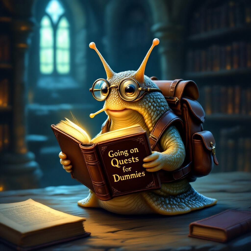 Medieval Snail Reads Questing Guide in Castle Library