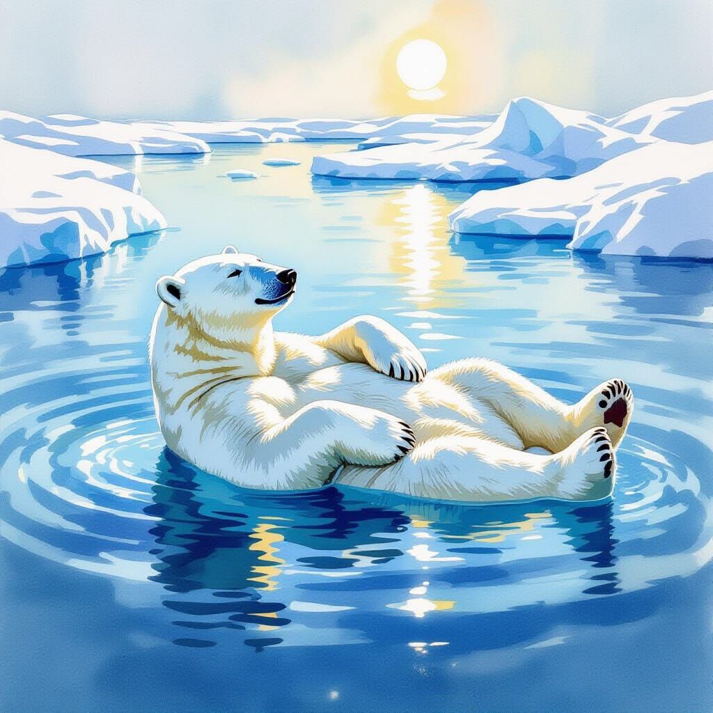 Polar Bear Basking in Arctic Sun: Watercolor Painting