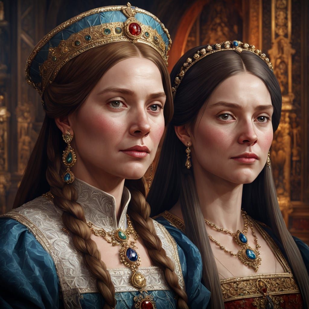 Queen Katherine of Aragon and her Daughter Mary Tudor in Tri...