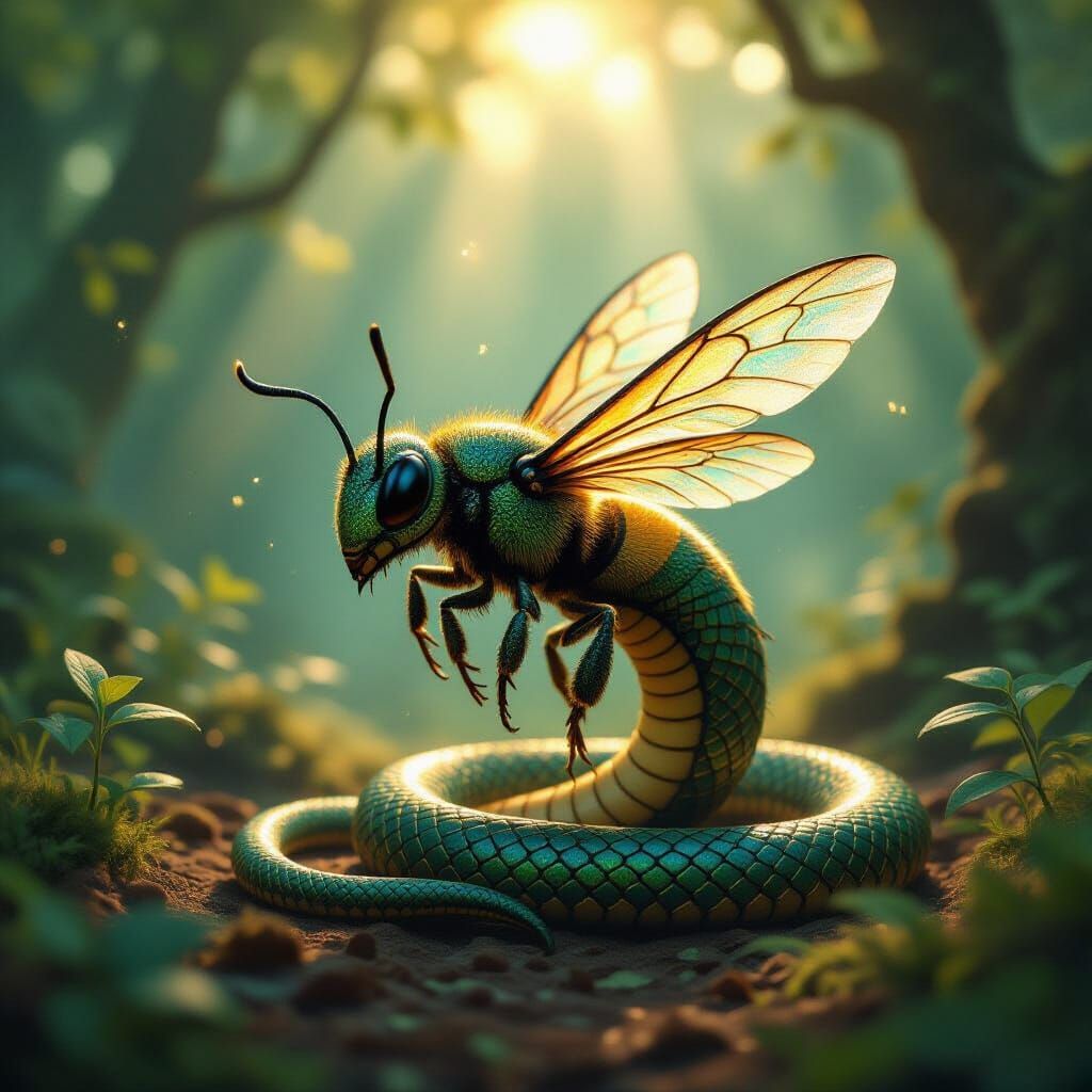 Bee-Snake Hybrid Creature in Mystical Forest